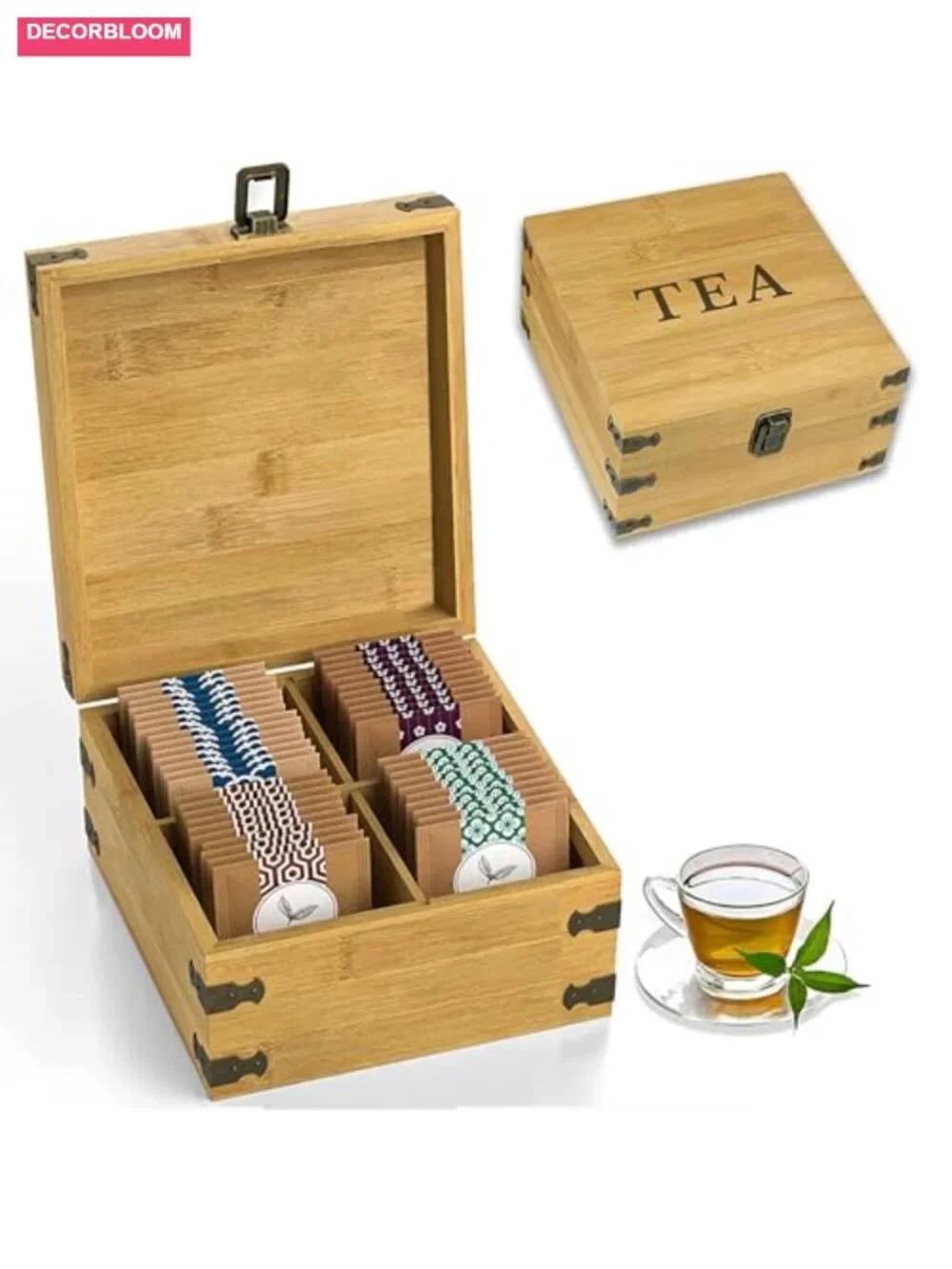 Bamboo Tea Organizer Box with 4 Adjustable Slots, Handmade Eco-Friendly Storage